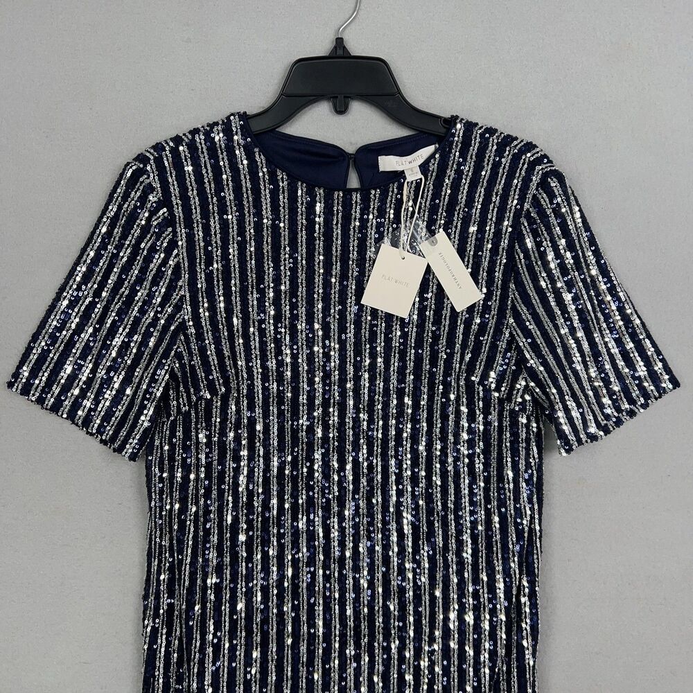 Anthropologie Flat White Dress Women Small Navy Blue Silver Sequin Striped Party - Picture 3 of 16